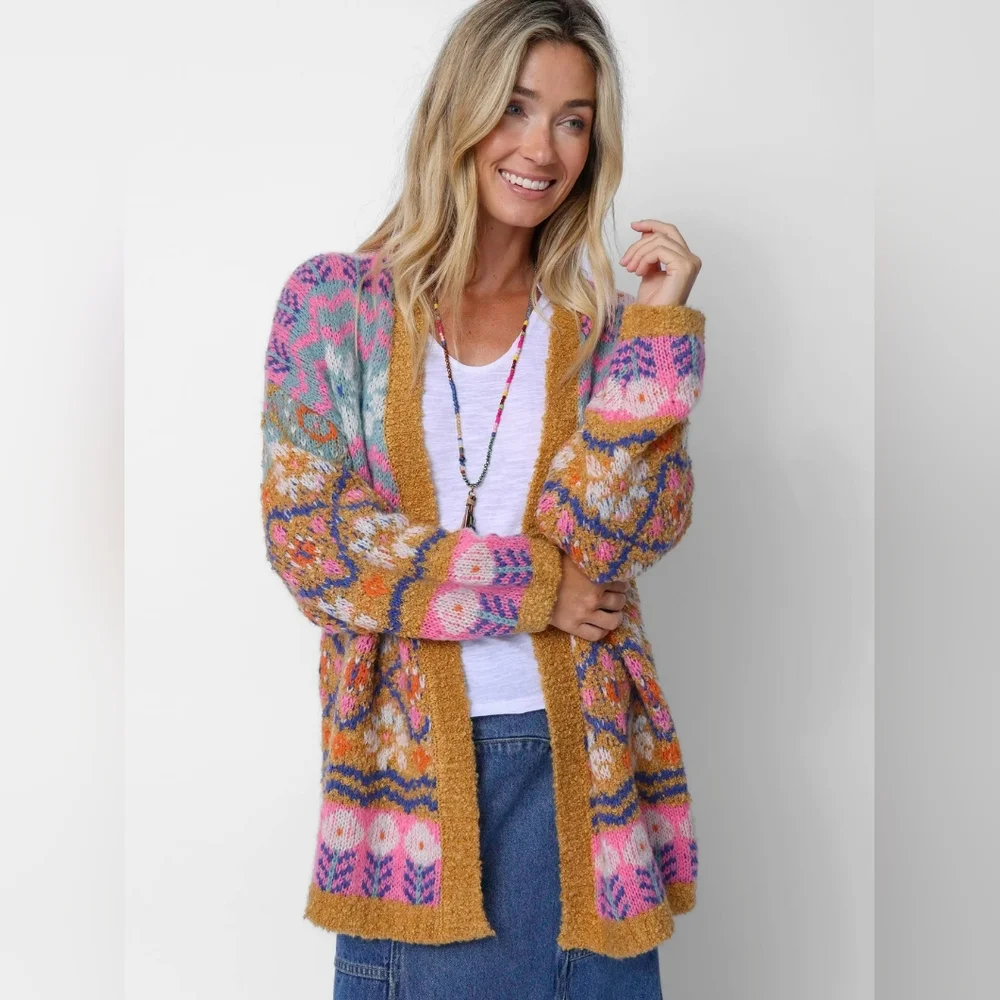 Natural Life brand - Calla Jacquard Cardigan Sweater in Cottage Daisies Gold - Picture 2 of 4